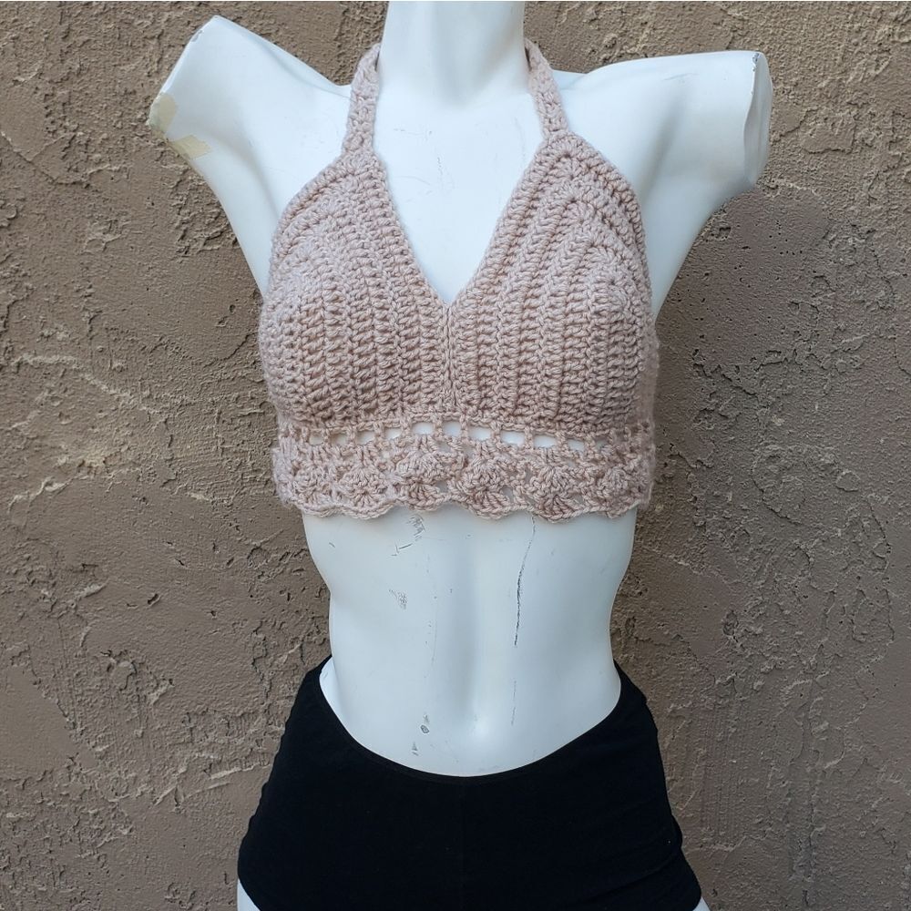 Hand Crafted Beige Crochet Halter Top Bralette Size XL